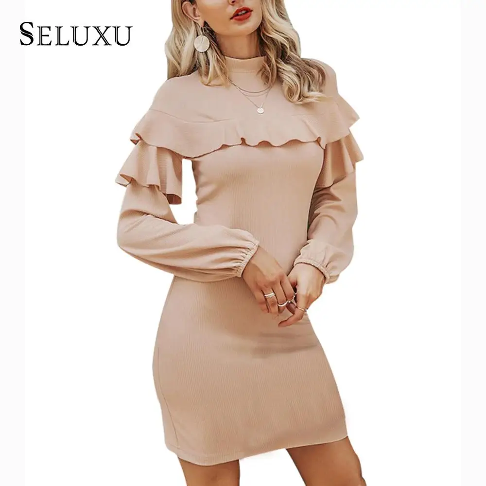 

Seluxu 2019 Autumn Women Dress Solid Color Pit Women Dress Long Sleeve Bodycon Dress Women Mini Dress Turtleneck Dress