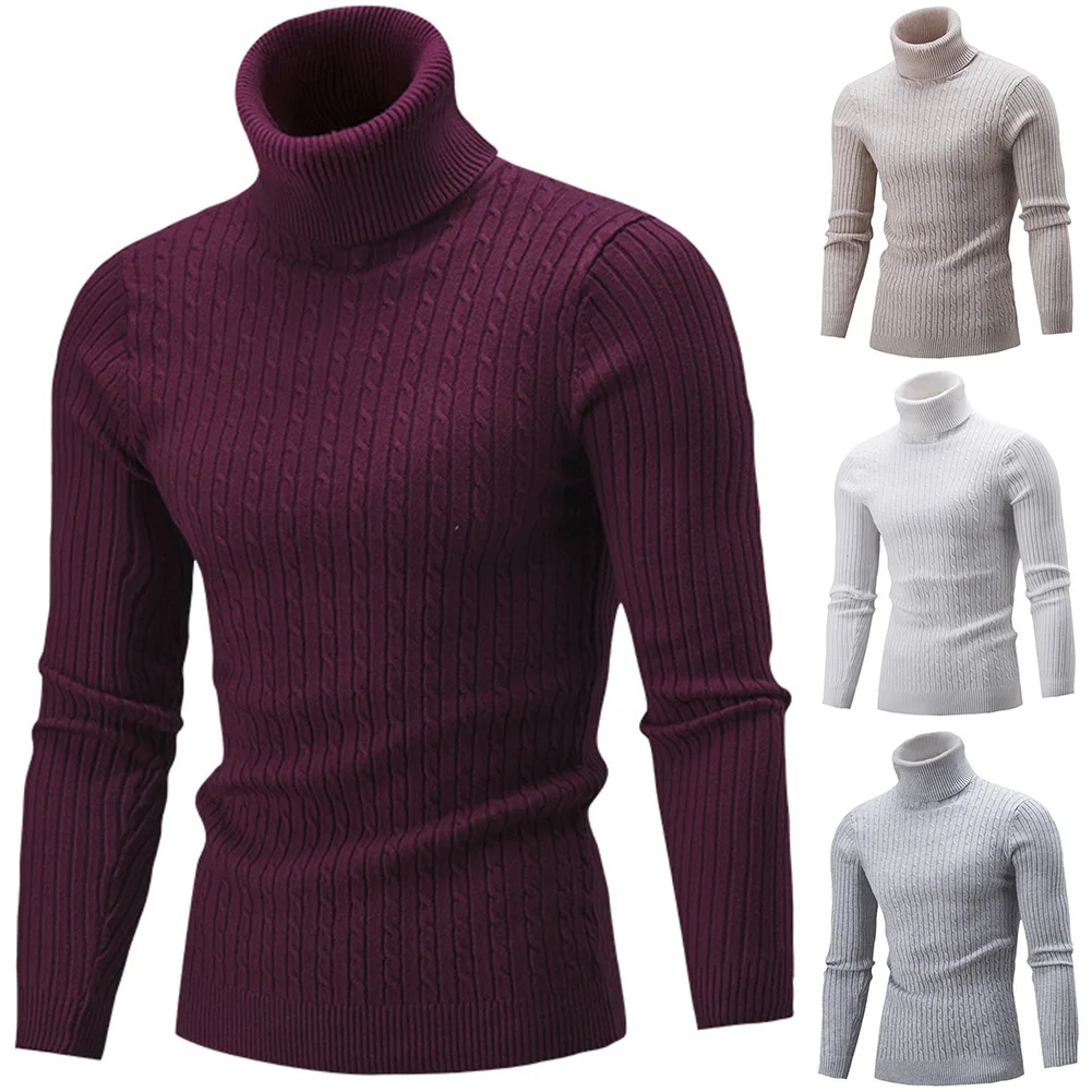 Модный зимний шикарный мужской однотонный вязаный свитер с высоким воротом и длинным рукавом, акриловый свитер, стандартный шерстяной M-3XL