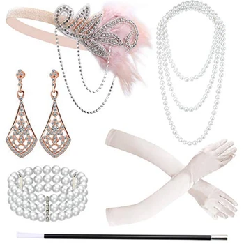 

6 Pieces 1920S Flapper Accessories Headband Gloves Necklace Flapper Holder Earrings Bracelet Set for Women
