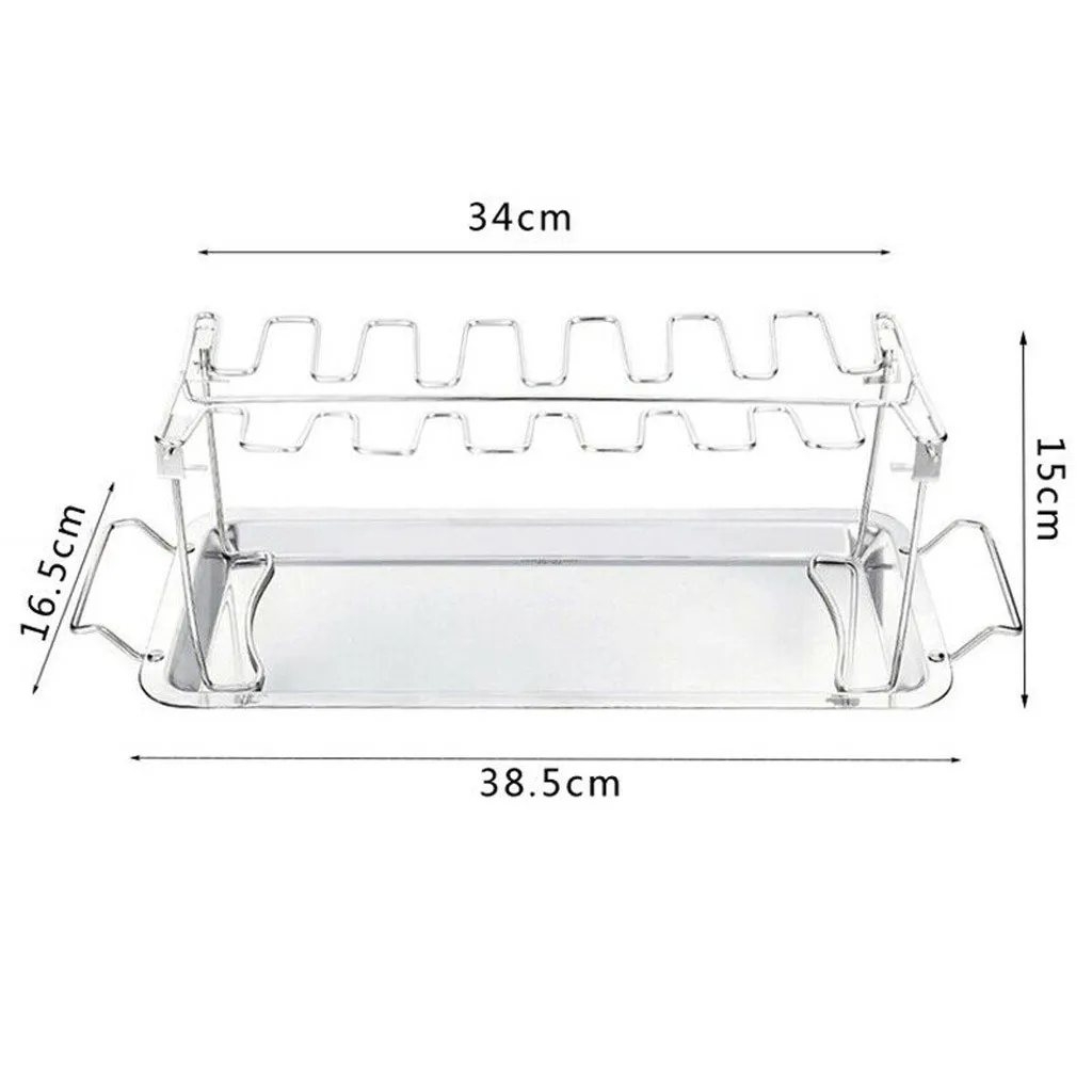 New BBQ Tool Barbecue Grill 1Set Stainless Steel Chicken Wing Leg Rack Grill Holder with Drip Pan for BBQ 38.5 x 16.5 x 15 cm#30