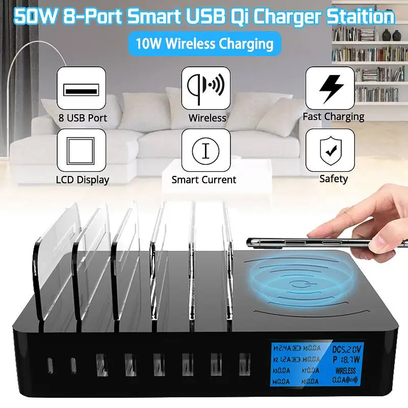 

50W Smart QI Wireless Charger Desktop Station Holder For iPhone X Samsung Huawei Fast Mobile Phone Charging AC Adapter USB Ports