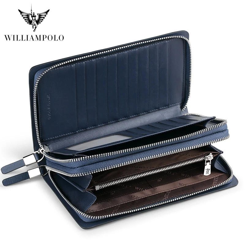 Business Genuine Leather Wallet Long Double Zipper Wrist Men Phone Wallet Purses Cowhide Luxury Brand High Capacity Clutch Bag 2