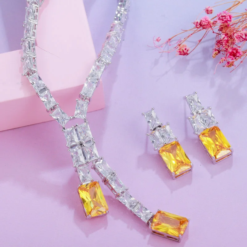 QooLady Temperament Square Cut Yellow Cubic Zirconia Stone Long Necklace Pendant and Earring for Bridal Wedding Jewelry Set Z035