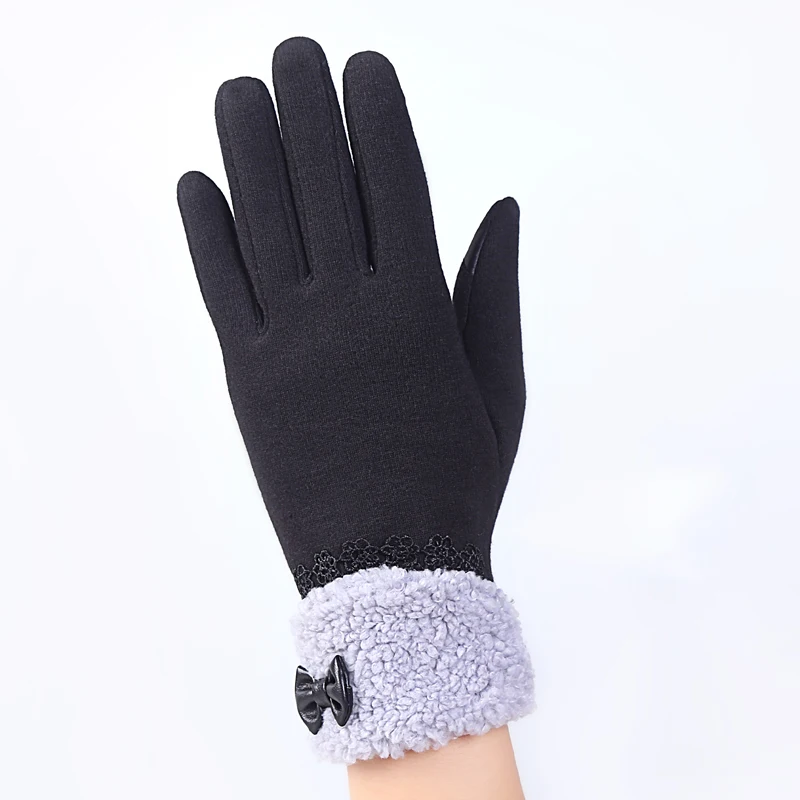 Elifashion, новинка, женские теплые перчатки, сенсорный экран, варежки, толстые, на запястье, короткие, бархатные, для женщин, бархат и бант, Dec., перчатки для вождения - Цвет: black