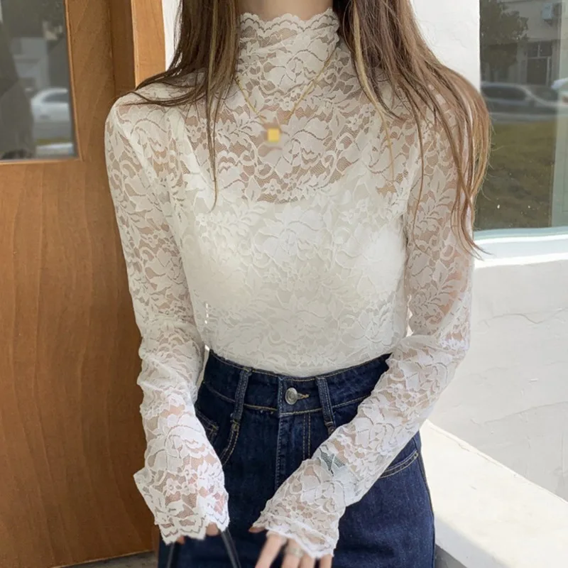 

Turtleneck Tops Women Solid Color See Through Mesh Shirts Lace Sexy Transparent Blouse Slim Long Sleeve Outfit