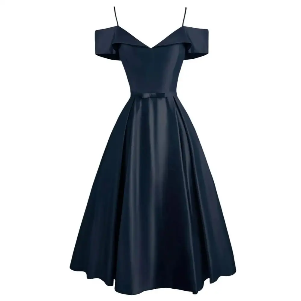 navy blue Женские винтажные v-образный вырез тонкий с открытыми плечами бант качели длиной до лодыжки, деловые платья пятнистые вечерние длинные платья - Цвет: navy blue