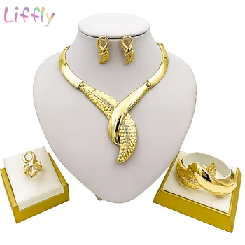 

Liffly Dubai Elegant Bridal Jewelry Sets Gold Necklace for Women African Wedding Bracelet Earrings Rings Fashion Jewelry Set