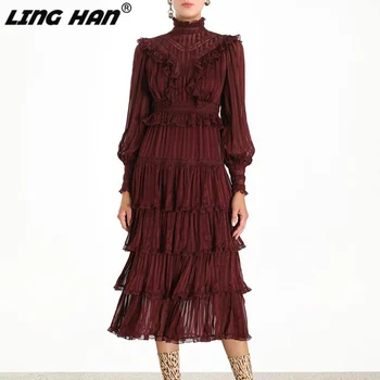 

LINGHAN Fashion Stand Dresses Women Elegant Lantern Sleeve High Waist party Dresses Designer Autumn New Female
