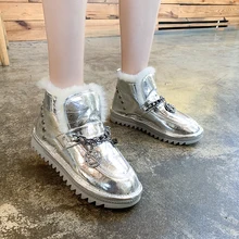 Цвета: золотистый, серебристый блеск Женские снегоступы ботильоны на платформе Нескользящие Водонепроницаемый Женская зимняя обувь из толстого плюша, декоративная металлическая цепь