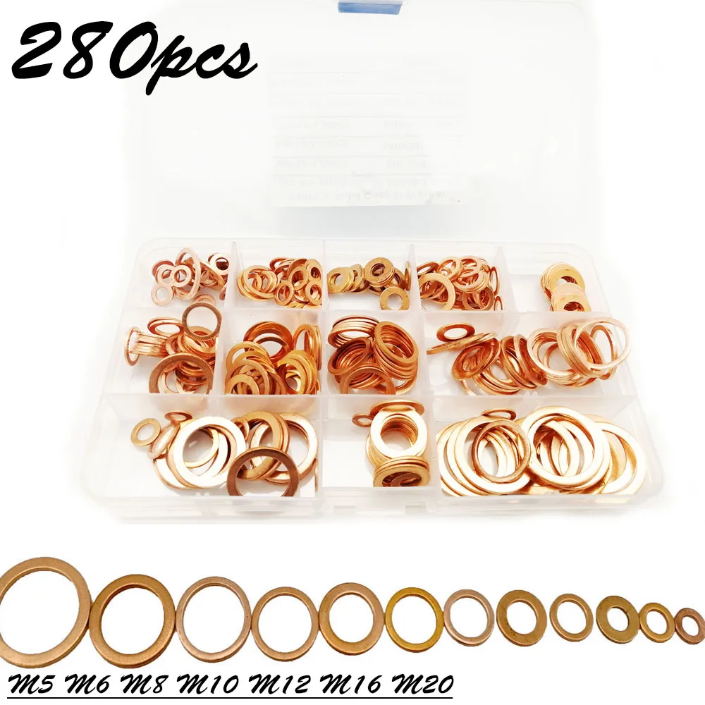 

280pcs Copper Washer Kit M5 M6 M8 M10 M12 M14 M16 M20 with Box Flat Ring Gasket Sealing Washer Flat Seal Assortment For Hardware