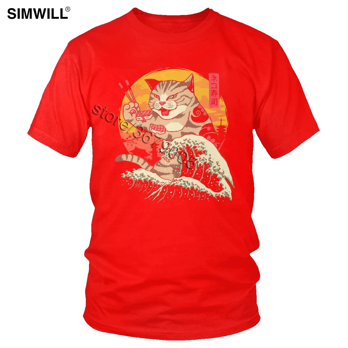 Фирменная новинка футболка Для мужчин хлопок Неко суши футболки Wave Рубашка с короткими рукавами Япония Retrowave кошачьих изображением кота летние футболки товаров - Color: Red