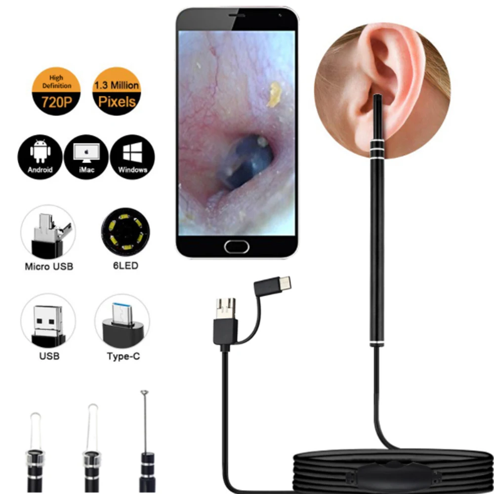 Cuchara endoscópica para limpieza de orejas, minicámara, extracción de cera de los oídos, otoscopio Visual para la boca y la nariz, compatible con Android y PC