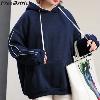 

Women Hooded Pullover Striped Loose Sweatshirts Drawstring Casual Long Sleeve Plus Size Ladies Tops Pocket Female Winter Coat