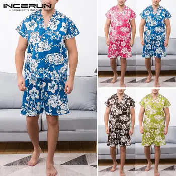 

INCERUN Men Homewear Pajamas Sets Floral Printing V Neck Short Sleeve Casual T-shirt Shorts Male Sleepwear Suit Pyjama Plus Size