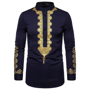 

Fall 2019 hot style men's casual fashion stand collar pullover print shirt print totem long shirt African style shirt S.XXL