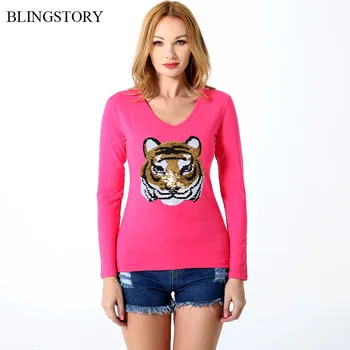 

BLINGSTORY High Street Change Color Tiger Sequin Tshirt Long Sleeve Plus Size Women Autumn Tee Tops S-6XL
