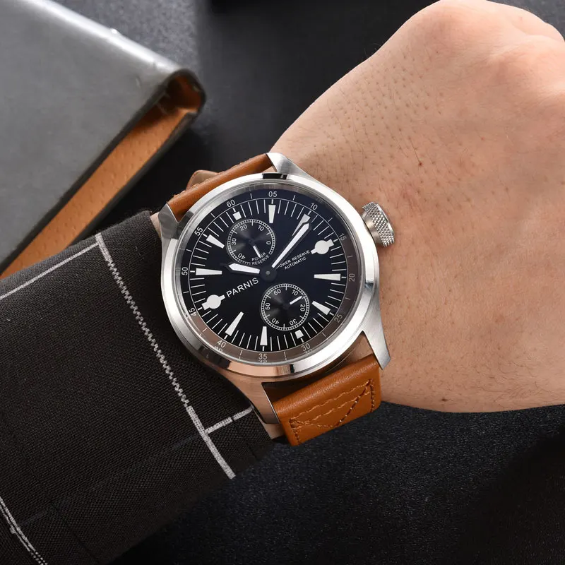 

Luxury 46mm parnis Black Dial Power reserve leather ST 2542 automatic movement mens watch