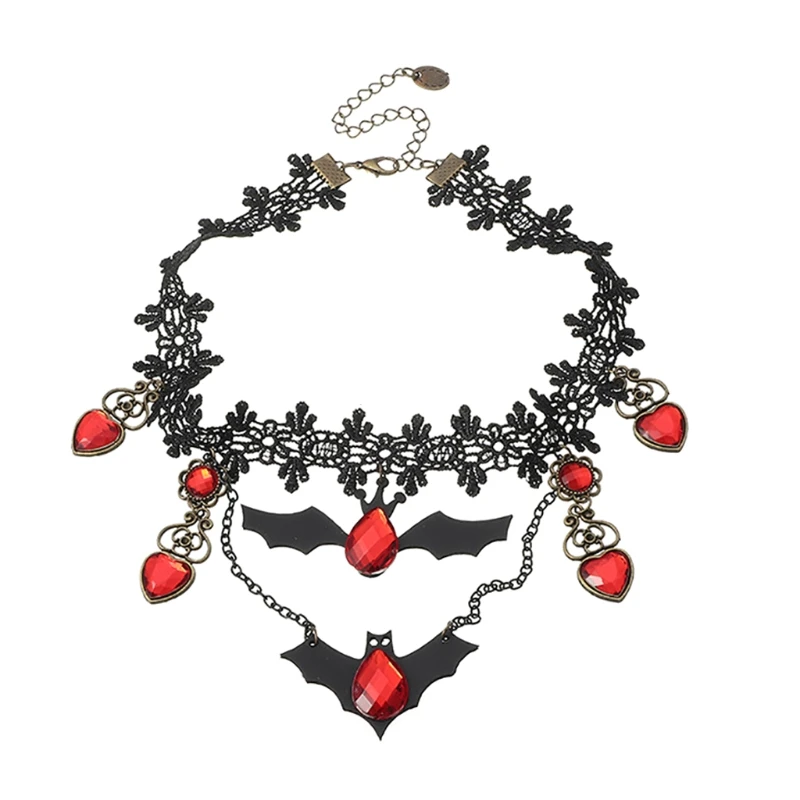 Halloween Women Necklace Lace Choker for Party Costume Cosplay Decoration Vintage Crystal Pendant Creative | Украшения и