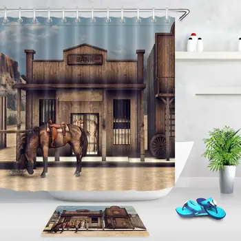 

Retro Western Scenery Bank Chalet Horses Waterproof Fabric Polyester Shower Bathroom Curtain Curtains with Hooks Home Bath Decor