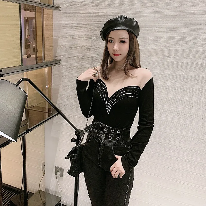 WHITNEY WANG футболка Весенняя модная Уличная Сексуальная сетчатая Лоскутная тонкая футболка с бриллиантами Женская футболка Женские топы