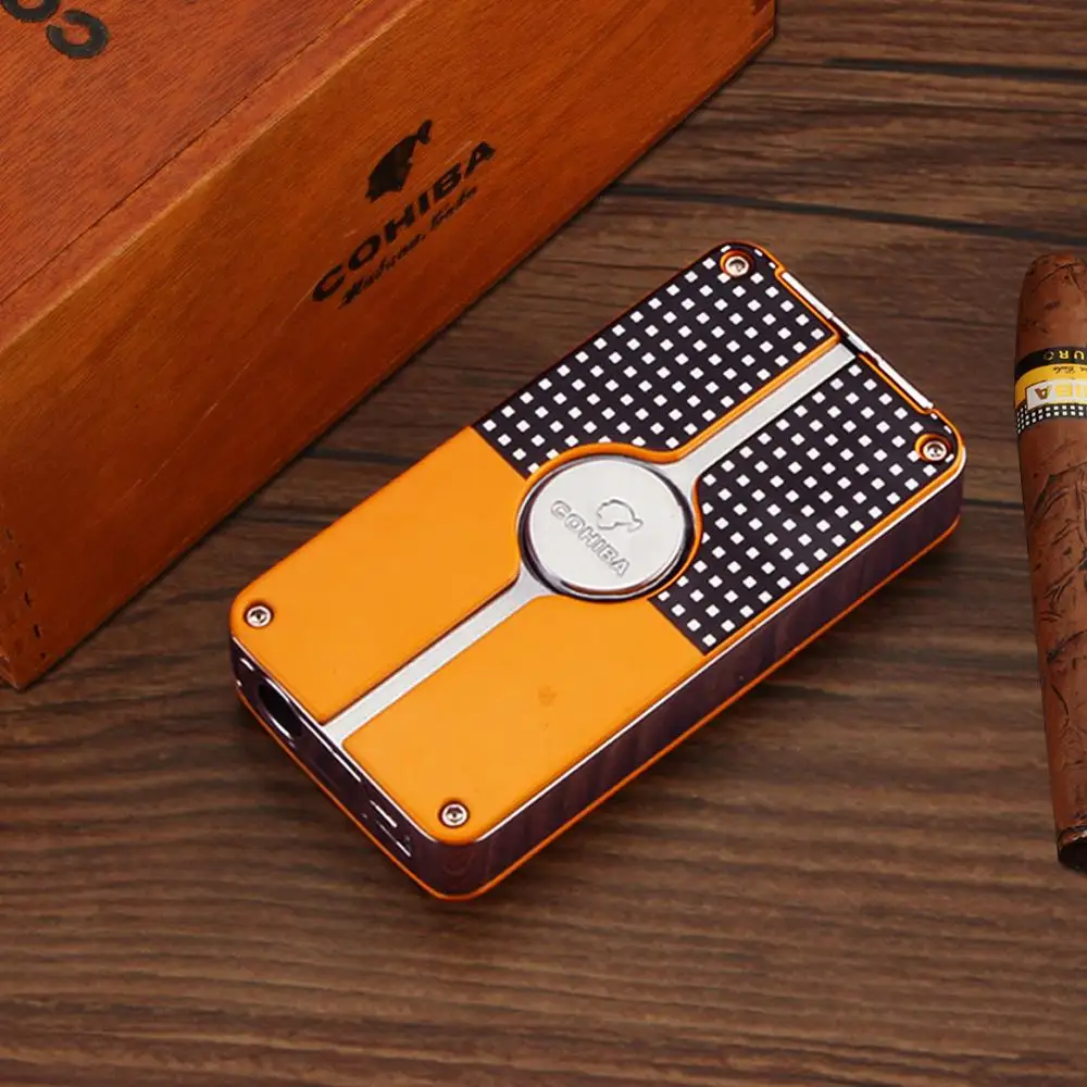 COHIBA металлическая зажигалка для сигар, ветрозащитная, 3 синих струйных пламени, сигаретный фонарь, зажигалки, Бутановая Зажигалка, многоразовая