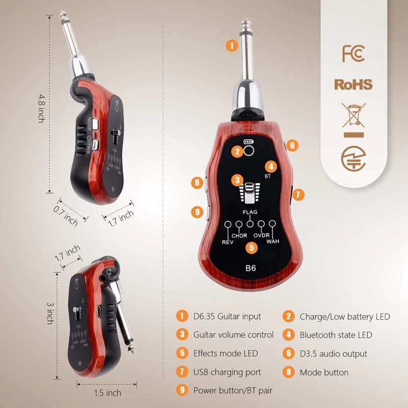 B6 гитарные наушники Amp Mini Plug гитарный усилитель Bluetooth перезаряжаемый для электрогитары(цвет красного дерева