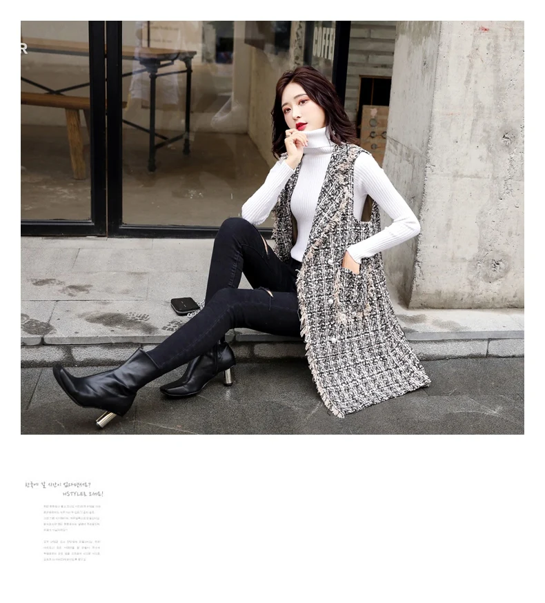 Graceful Tweed Plaid Vest Elegant Younger Fashion Versatile Loose-Fit Slimming Simple Sleeveless Overcoat