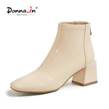 

Donna-in Square Toe Ankle Boots For Women 2020 Autumn Elastic Zipper Patent Leather New Booties Big Size High Heels Shoes Women