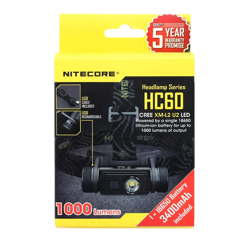 Оптовая продажа Nitecore HC60 USB Перезаряжаемый налобный фонарь CREE XM L2 U2 1000 люмен