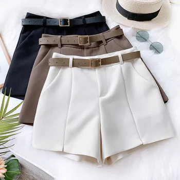

England Style Design Belt Shorts Women Solid High Waist Wide Leg Female Short 2020 Summer Spring Fashion Office Lady Clothes