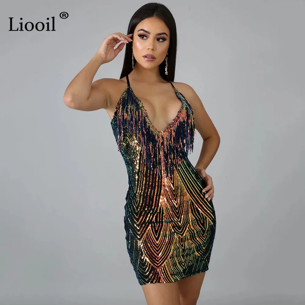 Liooil, сексуальное, с блестками, с кисточками, облегающее, мини платье, для женщин, Клубная одежда,, без рукавов, v-образный вырез, на тонких бретелях, обтягивающие, вечерние, для ночного клуба