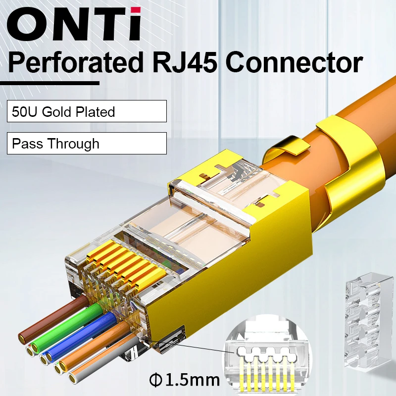 ONTi 10/50/100pcs CAT5E CAT6 CAT7 Plug RJ45 Connector 50U Gold Plated End Pass Through Network Cable Modular 8P8C Connector