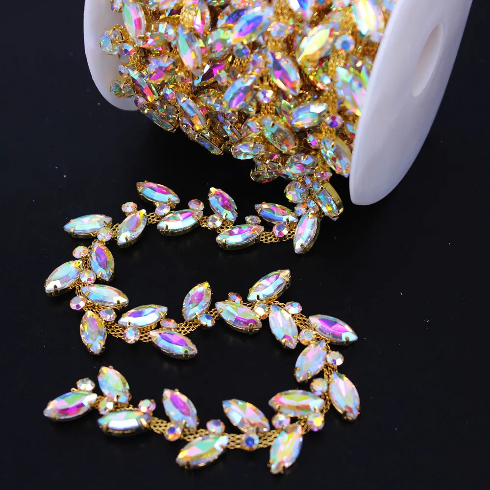1 ярд обручальное кольцо из розового золота отделка из горного хрусталя Кристалл бисером аксессуары для свадебного платья пояс невесты головной убор сумки - Цвет: Gold AB Trimming