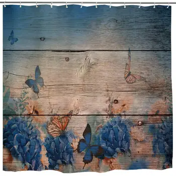 

Flower Butterfly Shower Curtain, Vintage Monarch Butterfly Flower on Grunge Wooden Art Print, Rustic Waterproof Fabric Bathroom