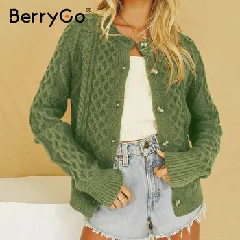 

BerryGo Casual crew neck short women knitted sweaters Bat sleeve single-breasted female cardigan Geometrical ladies sweater