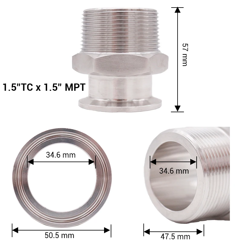 1.5" TC x 1.5" Male NPT, SS304, 3A Standard, Homebrew Clover Fitting, Brewer Hardware, Sanitary Hardware