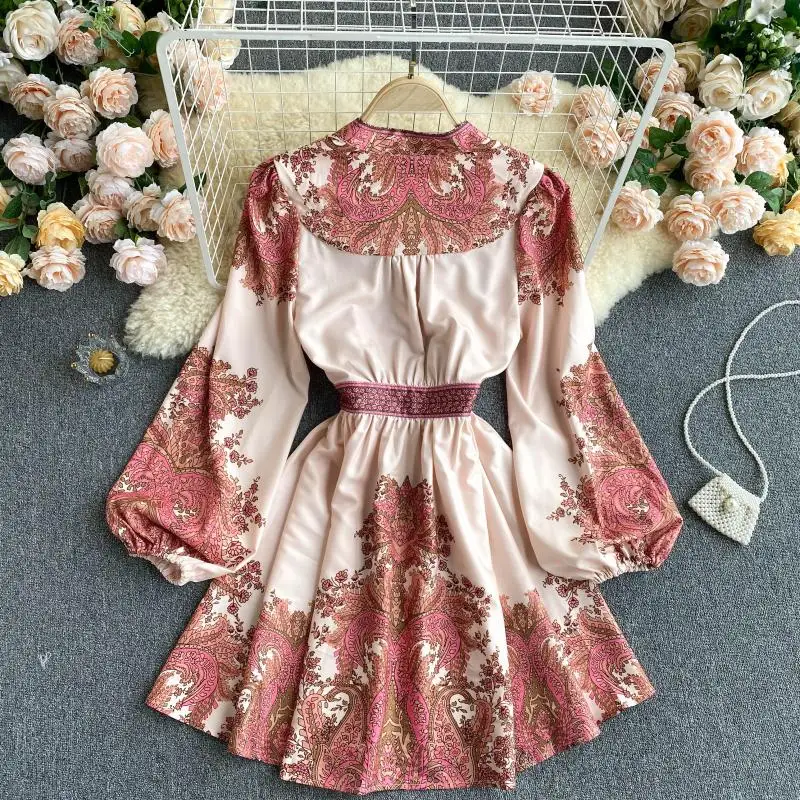 Court style dress retro printed Lantern Sleeve loose short waist show thin temperament V-neck small dress dress