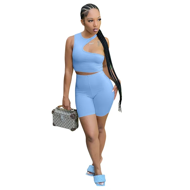 Ronikasha Women Biker Shorts Set 2 Piece Set Summer Short Sleeve Collarless Casual Jogger Cycling Suit Sexy Clothes Blue
