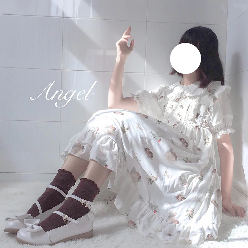 Angel/милое женское платье в стиле Лолиты; платье без рукавов; милое платье принцессы с бантом и отделкой; цельнокроеное летнее платье белого и черного цвета