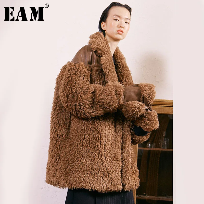 

[EAM] Loose Fit Big Size Fur Split Joint Warm Woolen Coat Parkas New Long Sleeve Women Fashion Tide Autumn Winter 2019 1D322