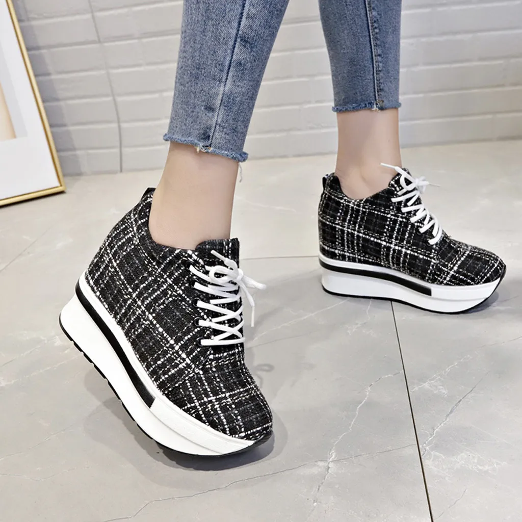 

Women Sneakers 2019 Plaid Wedges Platform Trainers Women Sneakers Lace Up Casual Shoes Thick Bottom Tenis Feminino Basket