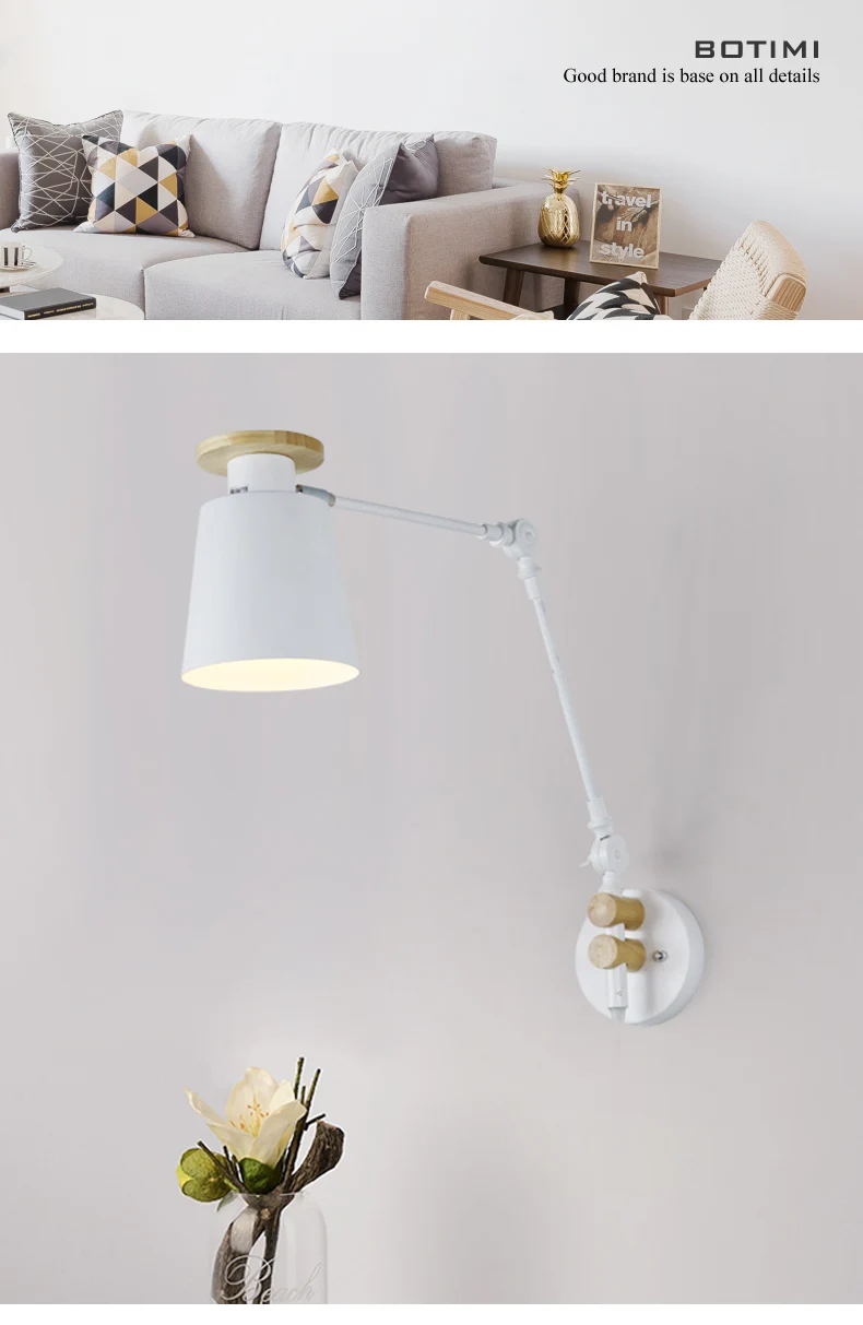 BOTIMI скандинавский светодиодный настенный светильник, настенный светильник для чтения, регулируемые настенные светильники для спальни, современный металлический настенный прикроватный светильник