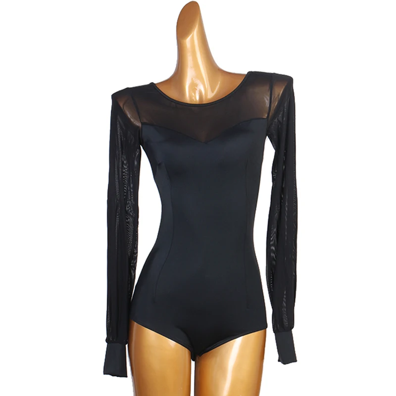 Latin Dance Practice Clothes Female Mesh Black Long Sleeve Jumpsuit