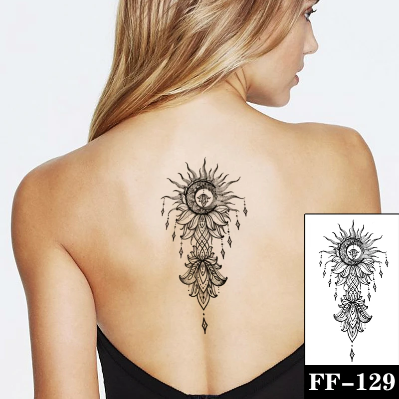 Temporary Tattoo Sticker Sanskrit Flower Sun Moon Totem Sketches Tattoo  Designs Sexy Girls Model Tattoos Arm Leg Black Stickers - Temporary Tattoos  - AliExpress
