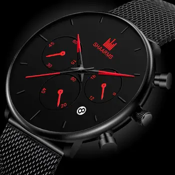 

SHAARMS Black Simple Watch For Men Stainless Steel Mesh Strap Quartz Watches Luxury Business Date Wristwatch Fashion Clock
