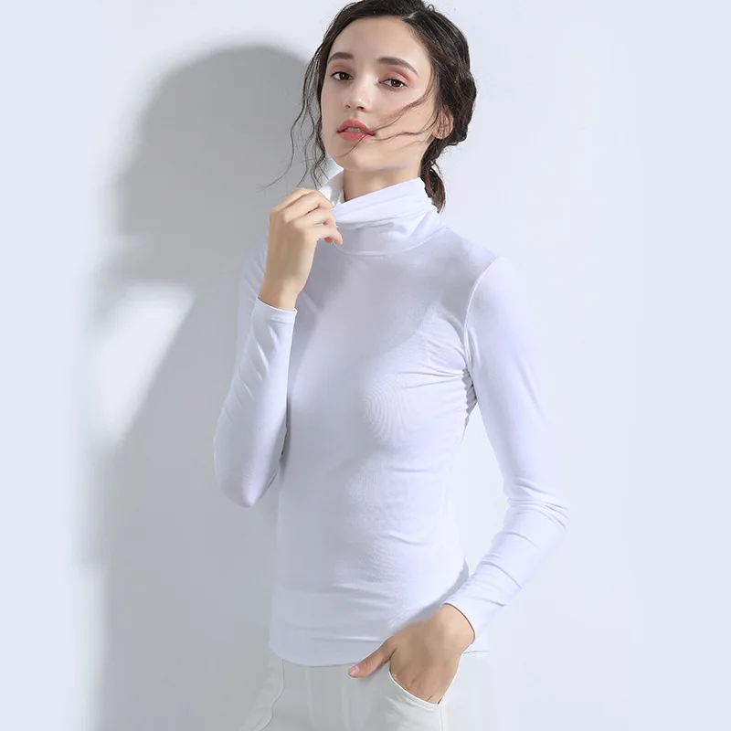 Базовые вискозные Топы с длинным рукавом для женщин, короткая многослойная рубашка, базовый топ, незавершенный, осень - Цвет: Turtleneck White