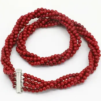 

4rows 4mm red coral round beads necklace women fashion party jewelry 18"