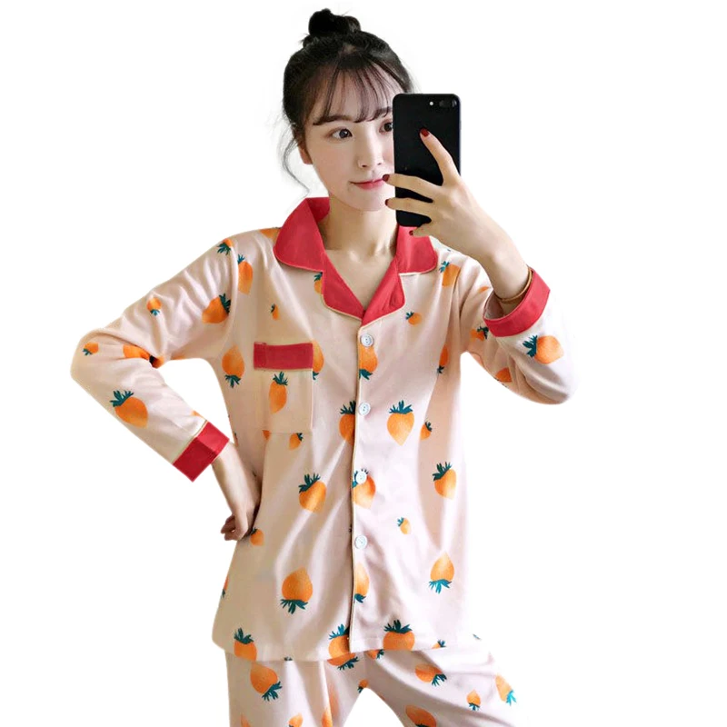 

Autumn Women Sweet Cute Print air-conditioning Long Sleeved Pajama Set Cotton Top Long Pants Sleepwear