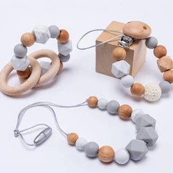Ensemble de Clips de sucette en bois de hêtre pour bébé, 1 ensemble, chaîne, costume, Bracelet, collier, anneau de dentition, anneau de sucette, chaîne, produit pour enfants, cadeau pour nouveau né 