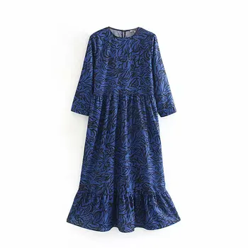 

2019 autumn and winter new ladies chic print dress long-sleeved O-neck A line high waist women's ankle long dress